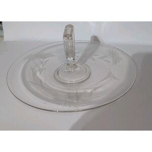 Etched Floral Clear Glass Tidbit Tray Serving Dish Vintage Center Handle